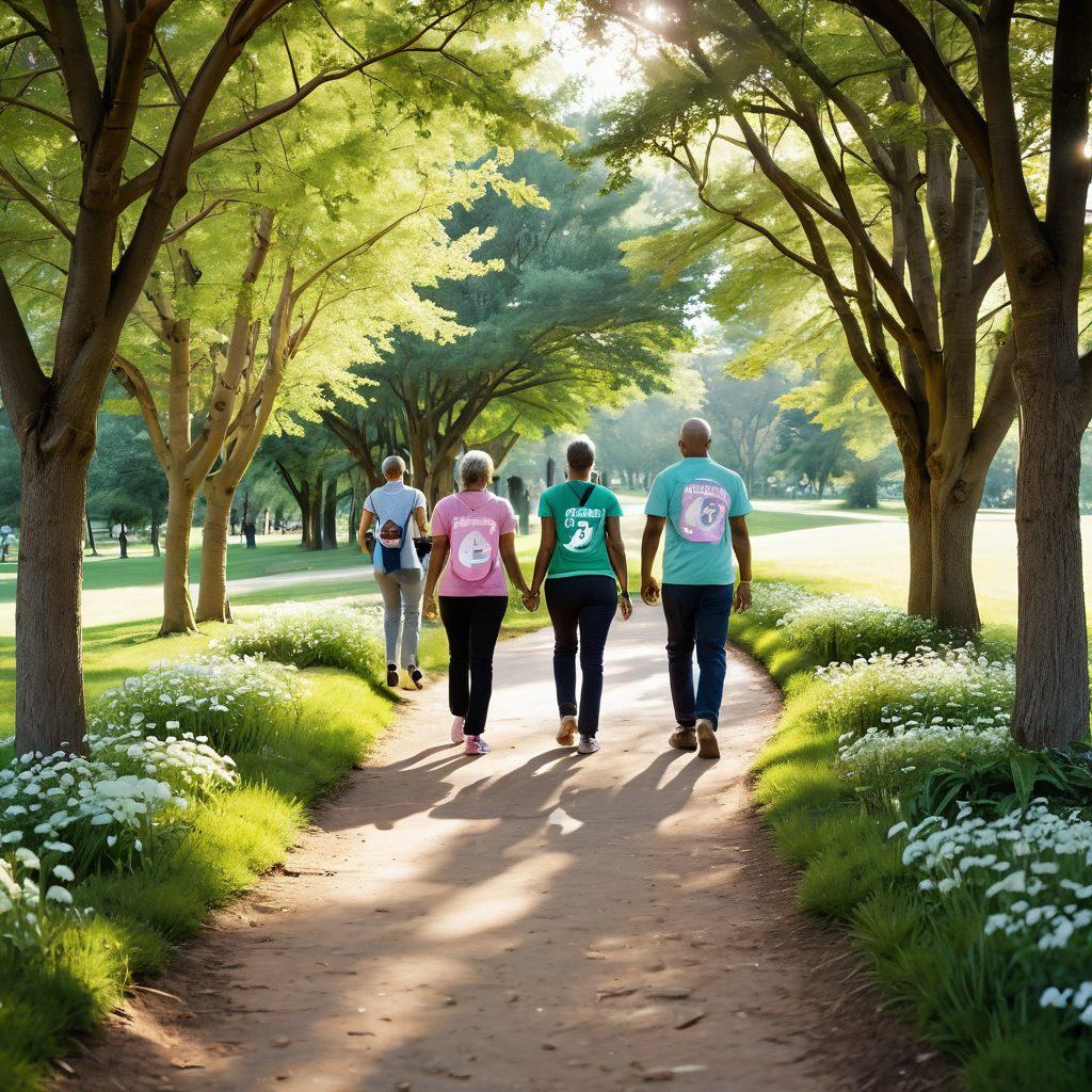 An inspiring scene showcasing a diverse group of people walking together along a winding path in a serene green park, symbolizing the journey of cancer awareness and support. Incorporate bright, hopeful sunlight filtering through the trees, with informational signs highlighting support resources. Add symbols of strength such as butterflies and ribbons along the trail. The atmosphere should evoke unity, hope, and encouragement. super-realistic. vibrant colors. peaceful background.